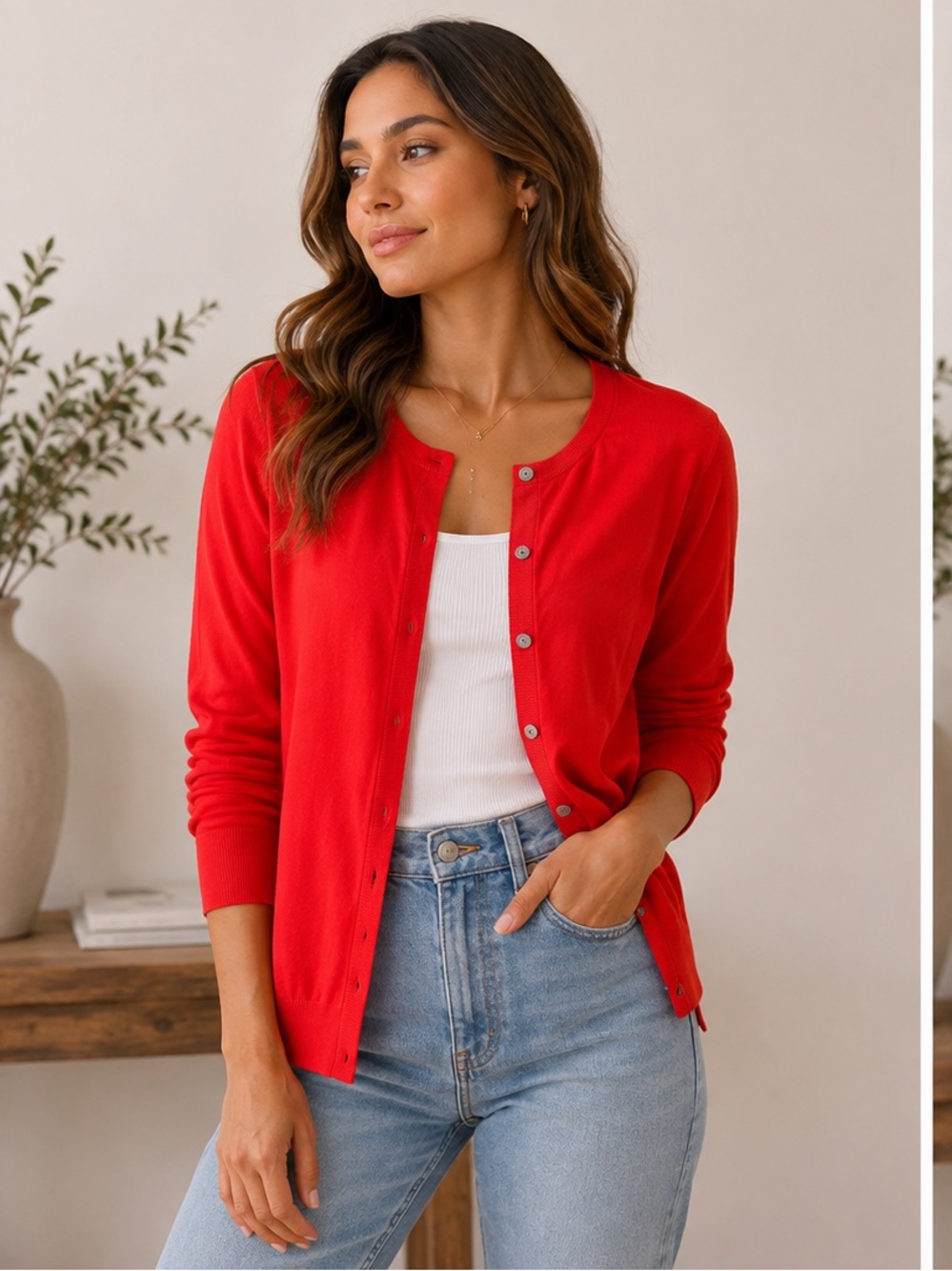 Lane Bryant Red Button-Front Crewneck Cardigan